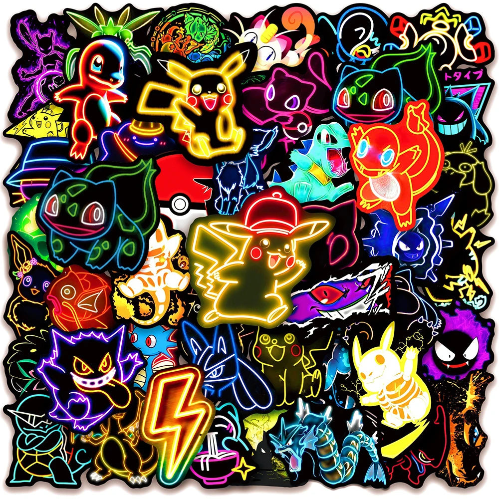 10/30/50pcs Cool Cartoon Neon Light Anime Pokemon Stickers Pikachu Cartoon Decals Laptop Motorcycle Phone Aesthetic Sticker Toys