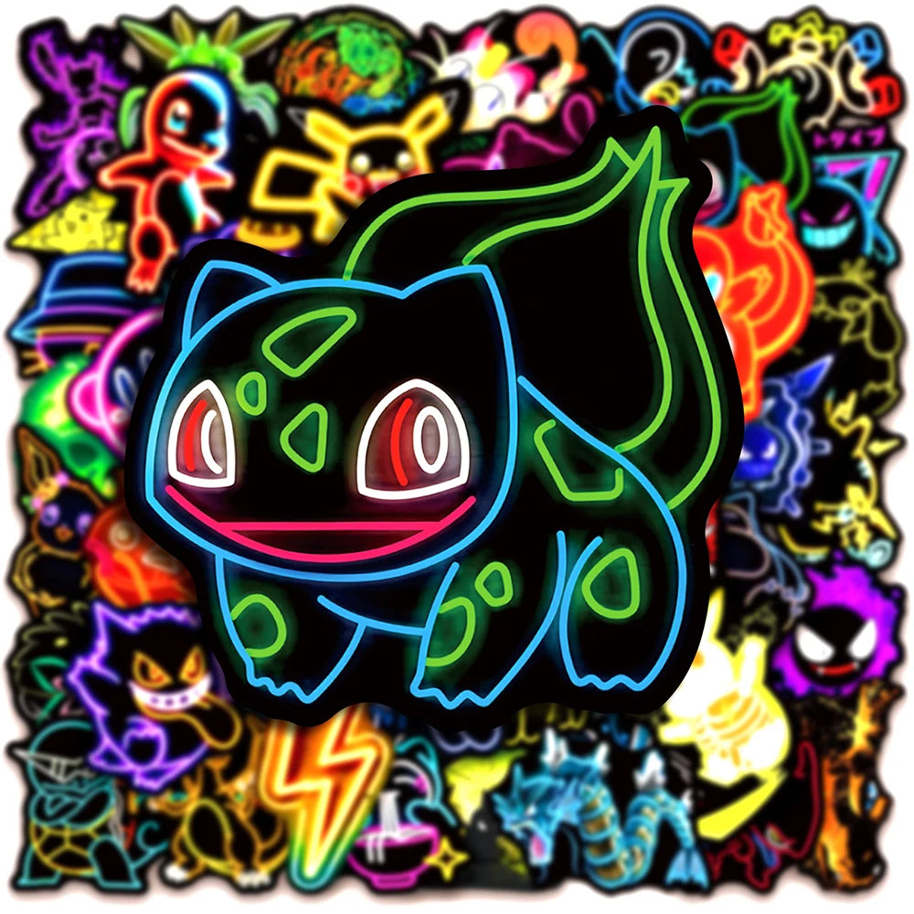 10/30/50pcs Cool Cartoon Neon Light Anime Pokemon Stickers Pikachu Cartoon Decals Laptop Motorcycle Phone Aesthetic Sticker Toys