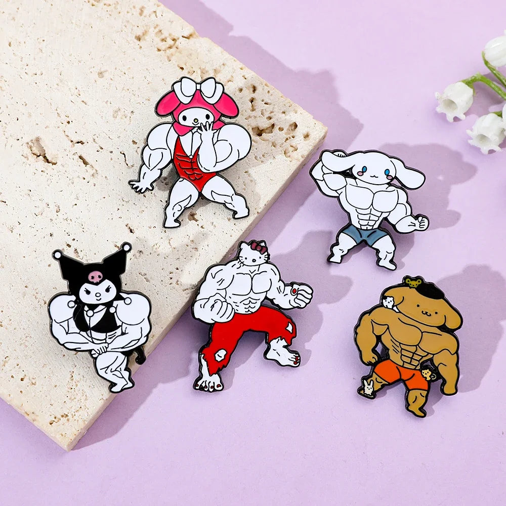 5 Pcs Cartoon Anime Brooch Creative Muscle Hello Kitty Kulomi Lapel Pin Jewelry Fashion Cinnamon Melody Metal Badge