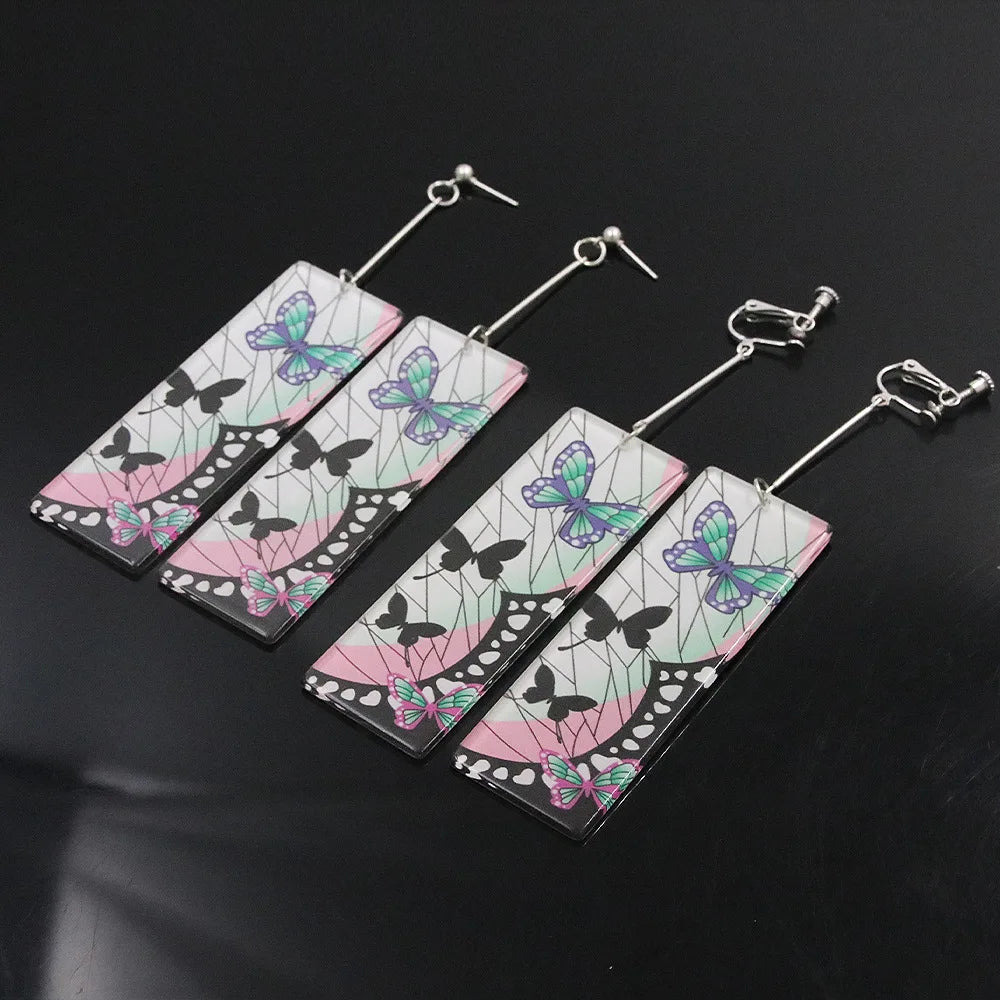 Anime Demon Slayer Earrings Tanjiro Sun And Shinobu Butterfly Pendant Earrings Cosplay Accessories Fan Jewelry Gift