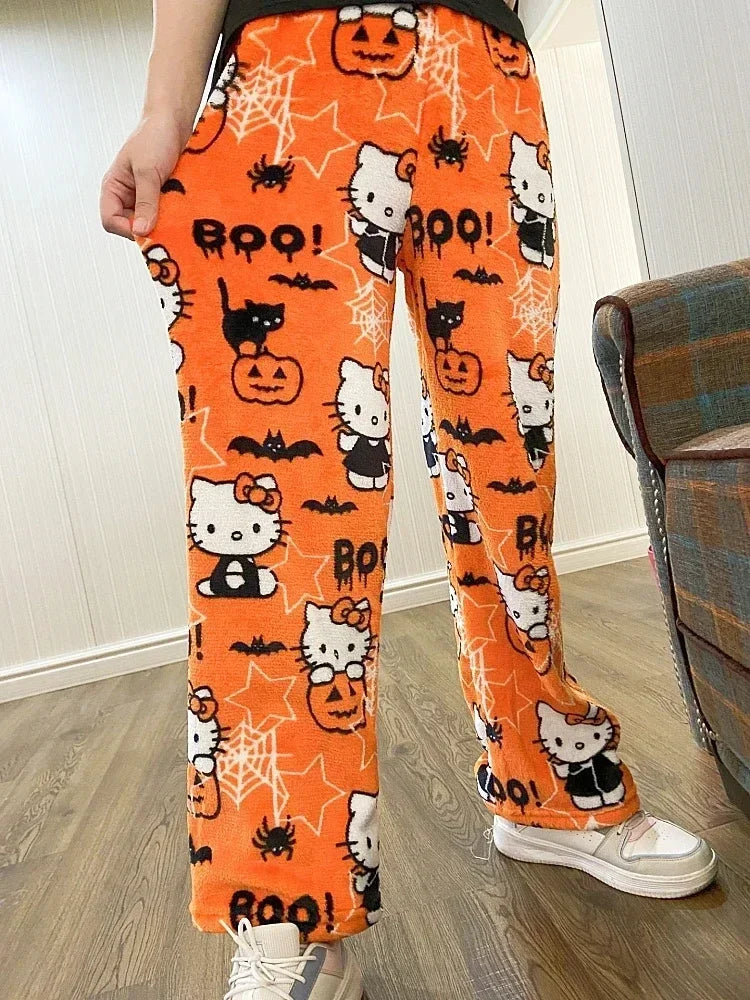 2025 Sanrio Hello Kitty Pajamas Halloween Flannel Fashion Trouserswomen Kawaii Woolen Anime Cartoon Casual Home Pants Autumn