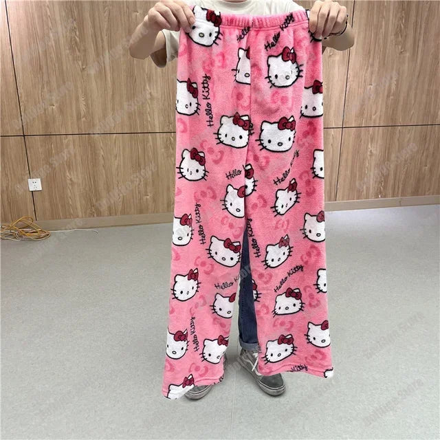Christmas Sanrio Hello Kitty Pajamas Halloween Flannel Fashion Trouserswomen Kawaii Woolen Anime Cartoon Casual Home Pant Autumn