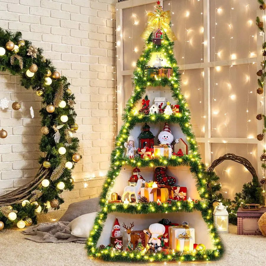 Tier 6ft Christmas Village Display Stand Christmas Tree Corner Shelf Large Wood Platform Bookshelf for DIY Living Room Bedroom H