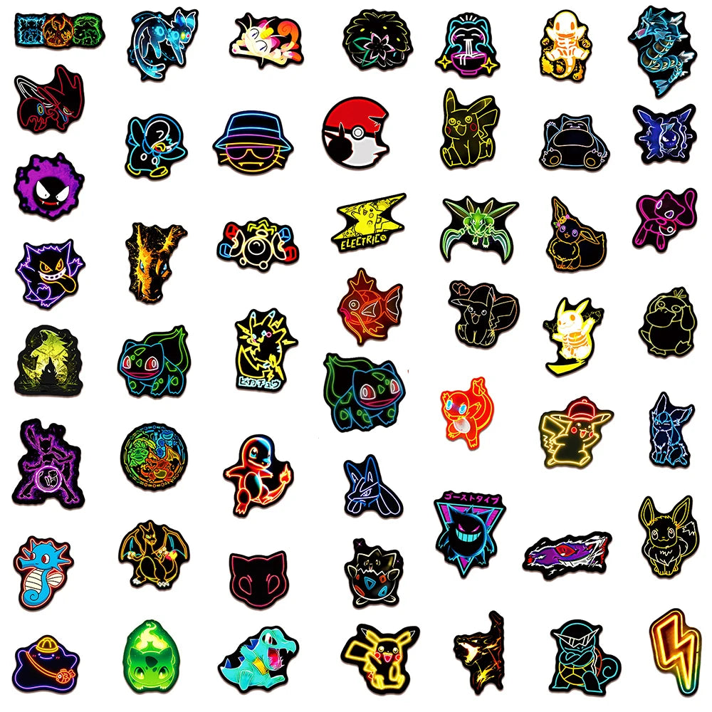 10/30/50pcs Cool Cartoon Neon Light Anime Pokemon Stickers Pikachu Cartoon Decals Laptop Motorcycle Phone Aesthetic Sticker Toys