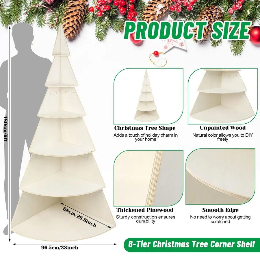 Tier 6ft Christmas Village Display Stand Christmas Tree Corner Shelf Large Wood Platform Bookshelf for DIY Living Room Bedroom H