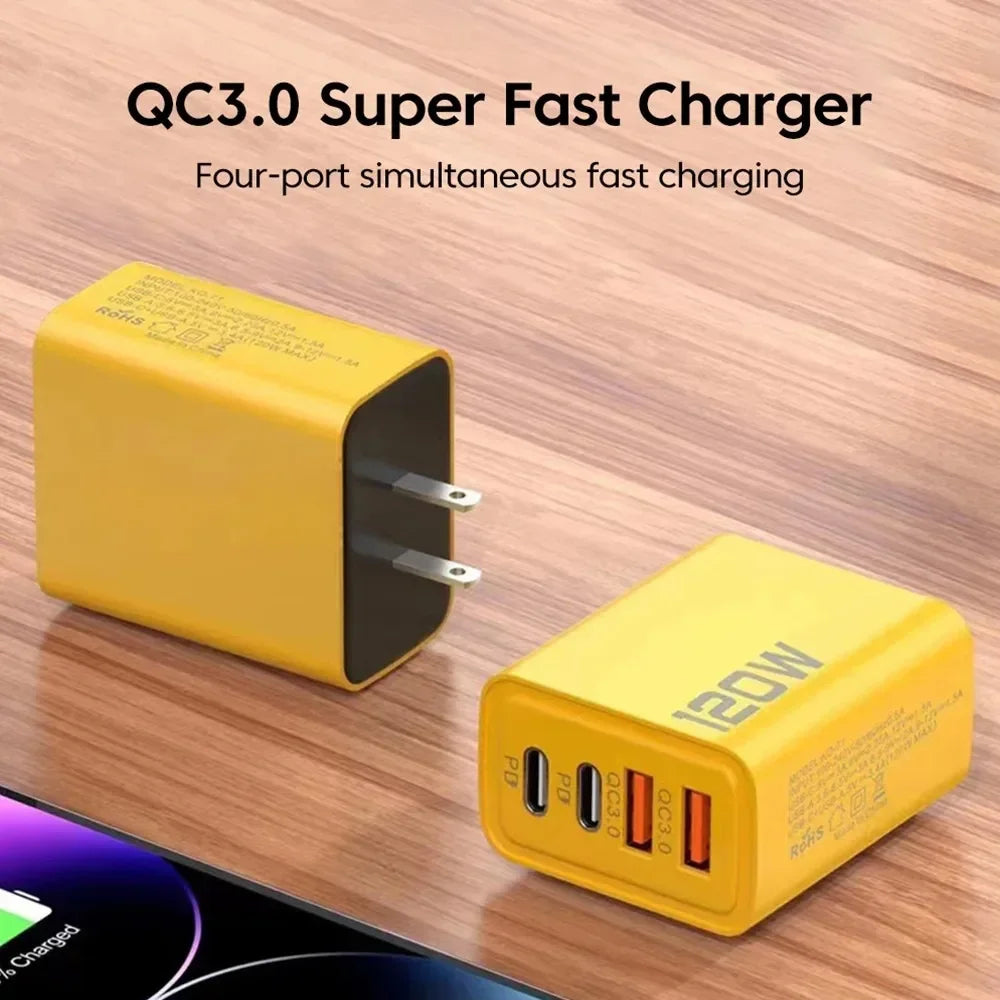 120W Total Fast Charging Quick Charger PD USB Type-C Wall Adapter for iPhone 16/15/14 Xiaomi Huawei Redmi Oneplus Phone Charger