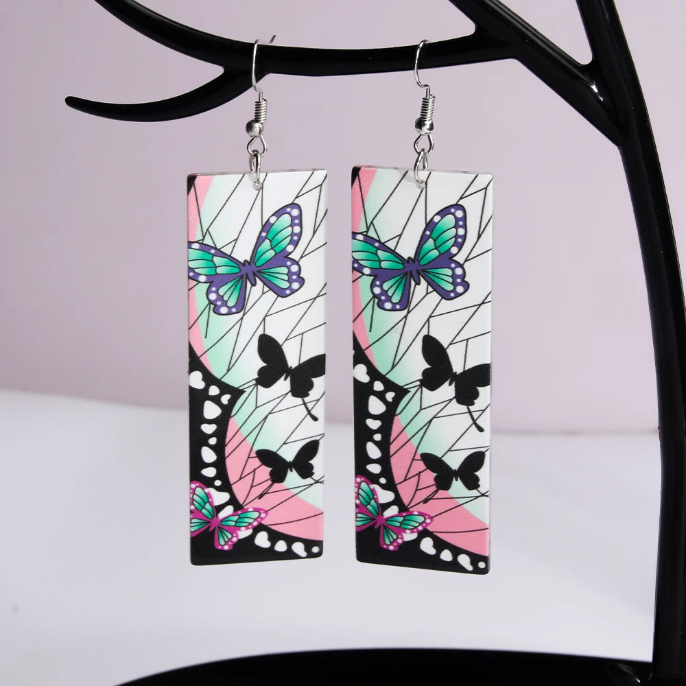 Anime Demon Slayer Earrings Tanjiro Sun And Shinobu Butterfly Pendant Earrings Cosplay Accessories Fan Jewelry Gift