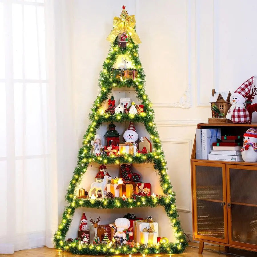 Tier 6ft Christmas Village Display Stand Christmas Tree Corner Shelf Large Wood Platform Bookshelf for DIY Living Room Bedroom H