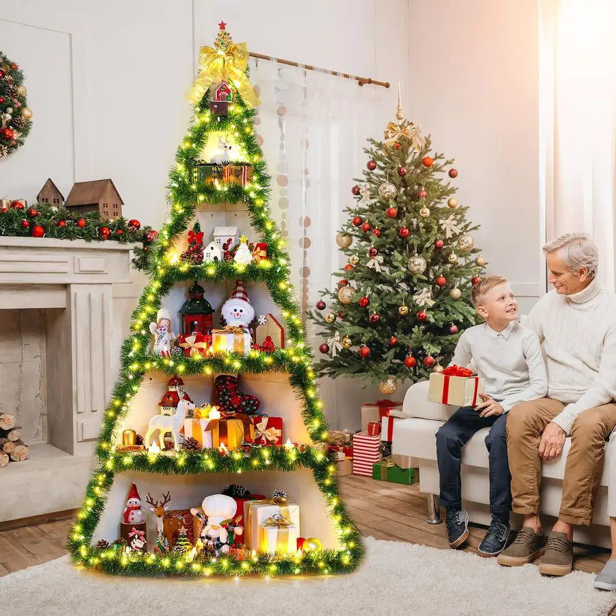 Tier 6ft Christmas Village Display Stand Christmas Tree Corner Shelf Large Wood Platform Bookshelf for DIY Living Room Bedroom H