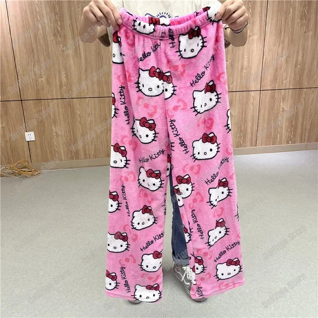 2025 Sanrio Hello Kitty Pajamas Halloween Flannel Fashion Trouserswomen Kawaii Woolen Anime Cartoon Casual Home Pants Autumn