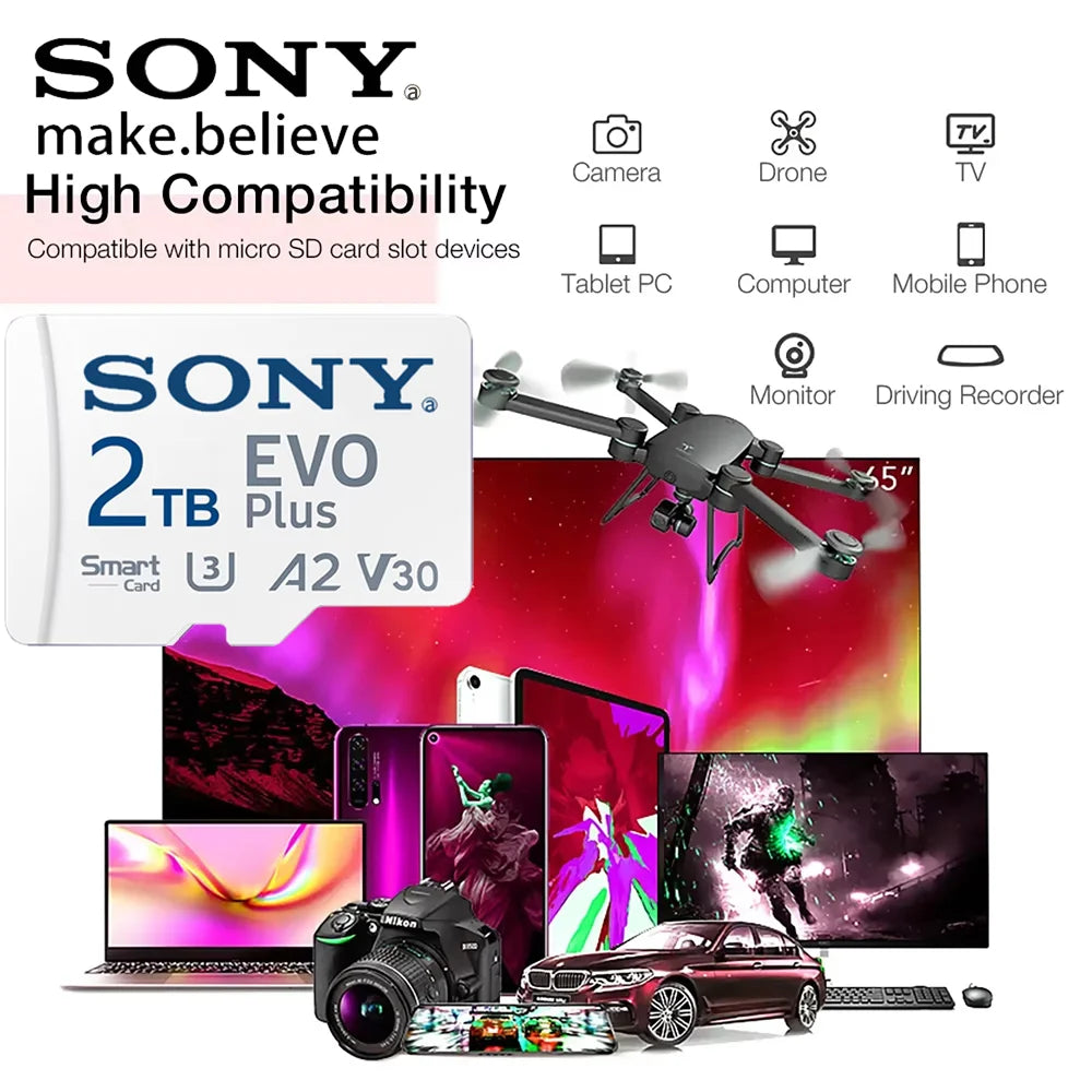 SONY EVO PLUS Micro sd card 2TB 1TB Memory Card with Adapter -Read Speed up to 100 MB/s U3 V30 TF Card for Cams Drones