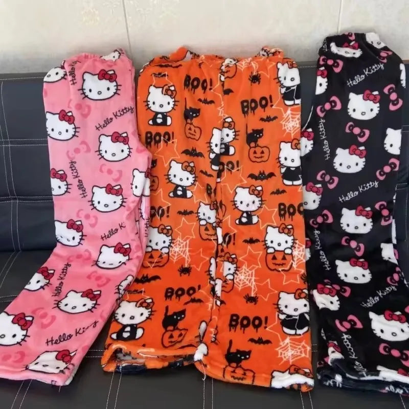 2025 Sanrio Hello Kitty Pajamas Halloween Flannel Fashion Trouserswomen Kawaii Woolen Anime Cartoon Casual Home Pants Autumn