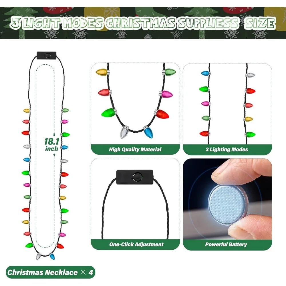 36pcs Christmas Light Necklace, Glow Christmas Bulb Necklaces Decorations, 3 Modes Colorful Lights Xmas Party Favors Bulk