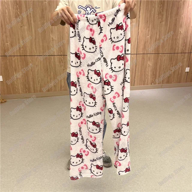 Christmas Sanrio Hello Kitty Pajamas Halloween Flannel Fashion Trouserswomen Kawaii Woolen Anime Cartoon Casual Home Pant Autumn