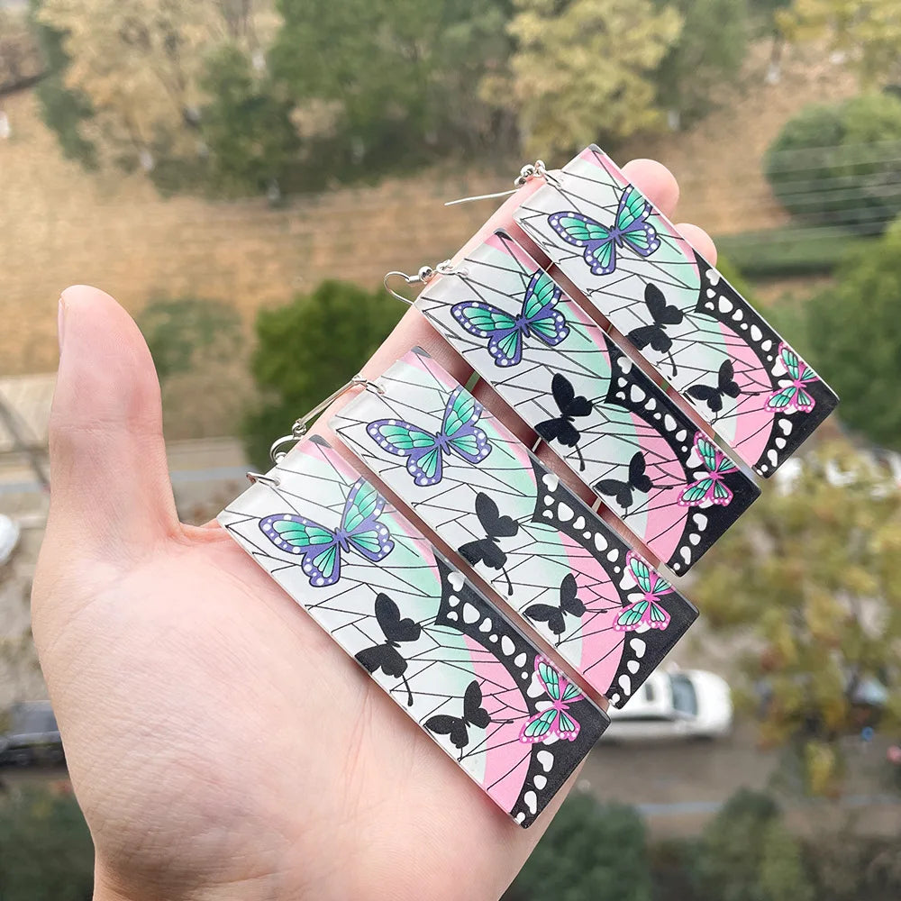 Anime Demon Slayer Earrings Tanjiro Sun And Shinobu Butterfly Pendant Earrings Cosplay Accessories Fan Jewelry Gift