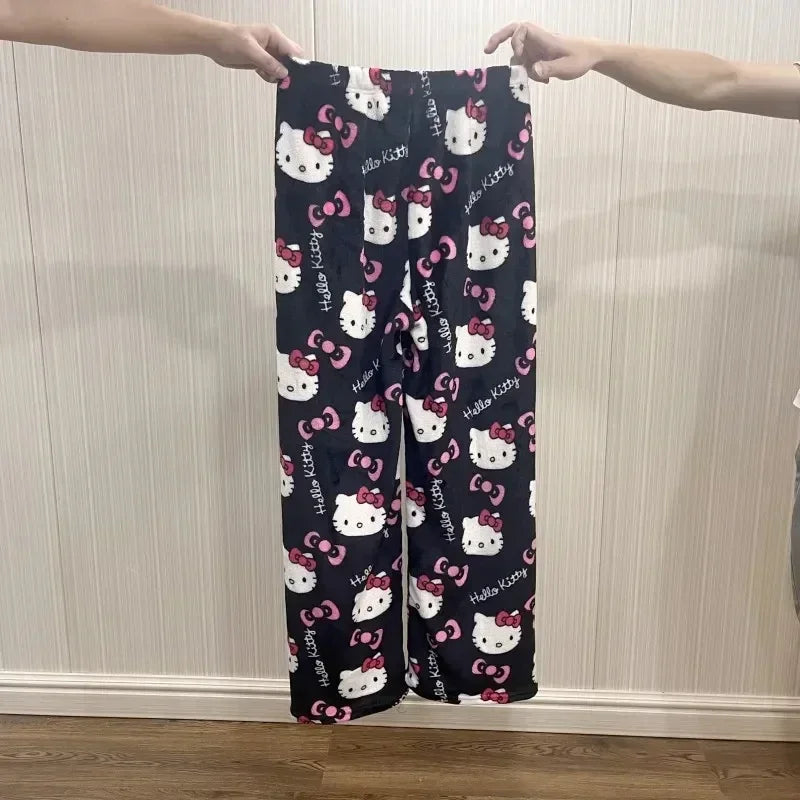 2025 Sanrio Hello Kitty Pajamas Halloween Flannel Fashion Trouserswomen Kawaii Woolen Anime Cartoon Casual Home Pants Autumn