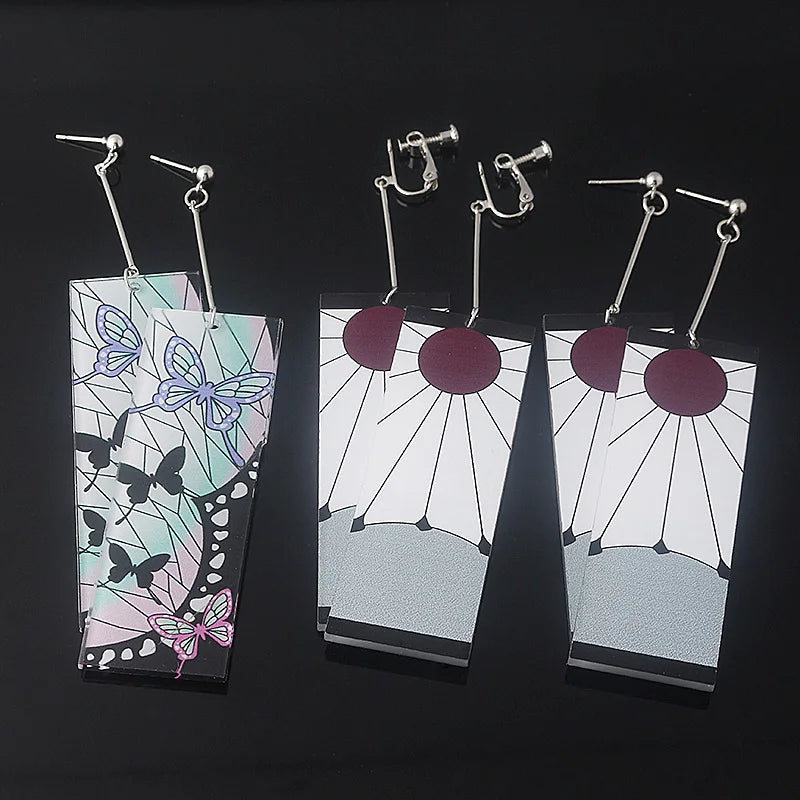 Anime Demon Slayer Earrings Tanjiro Sun And Shinobu Butterfly Pendant Earrings Cosplay Accessories Fan Jewelry Gift