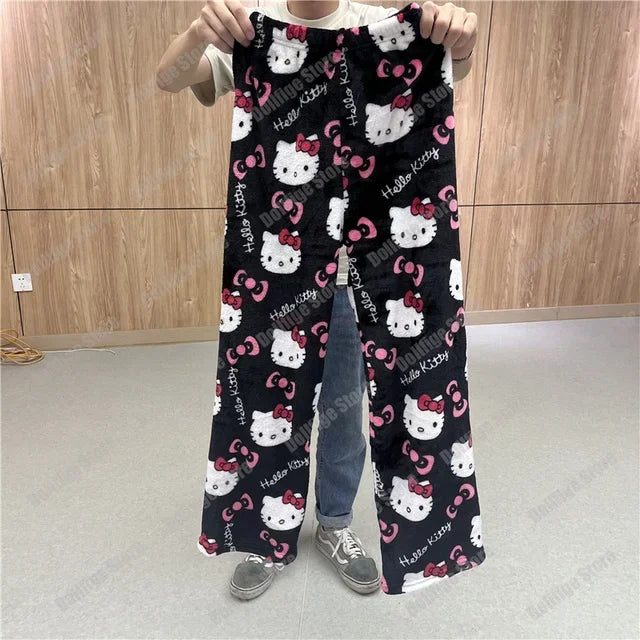 Christmas Sanrio Hello Kitty Pajamas Halloween Flannel Fashion Trouserswomen Kawaii Woolen Anime Cartoon Casual Home Pant Autumn